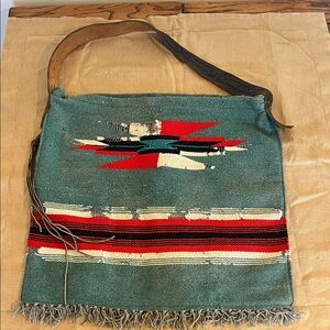 Handcrafted Woven Shoulder Bag - Multicolor Navajo textile leather handle. Wool